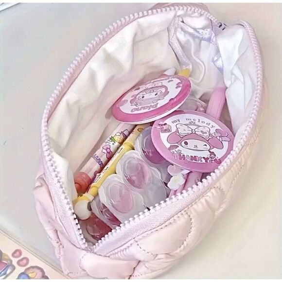 NWT Hello Kitty Pink Embroidered Versatile Pencil Cosmetic Pouch Bag - Picture 5 of 7